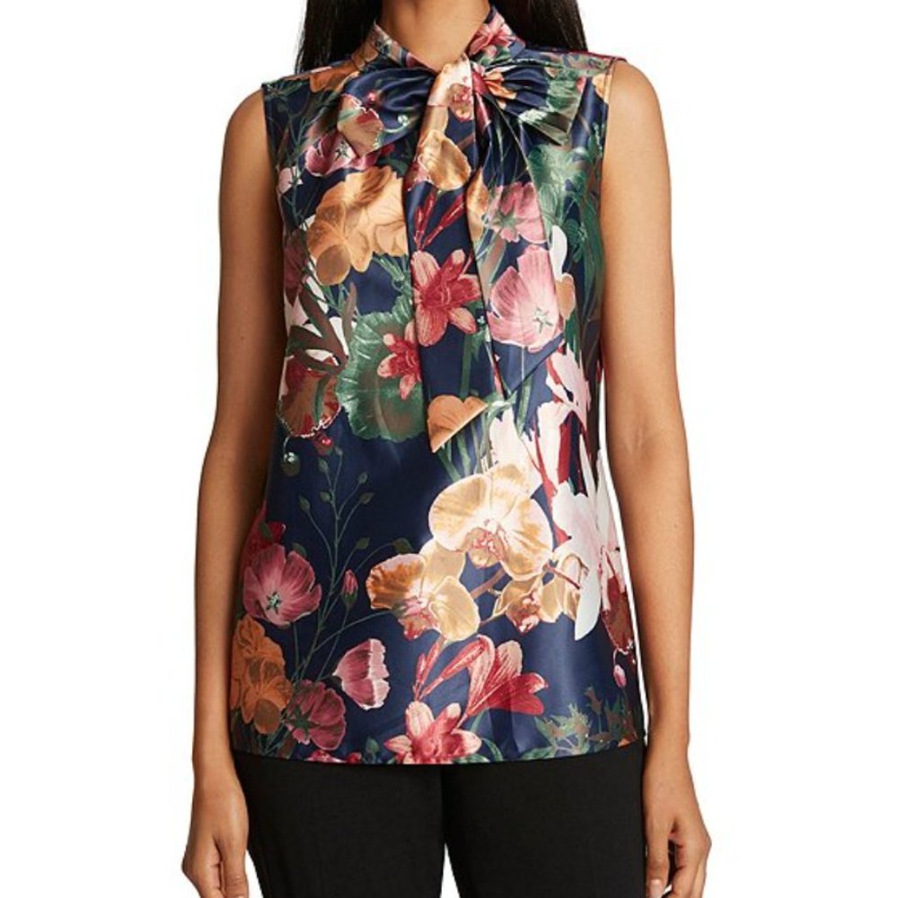 NWT Tahari ASL Botanical Print Tie Neck Top